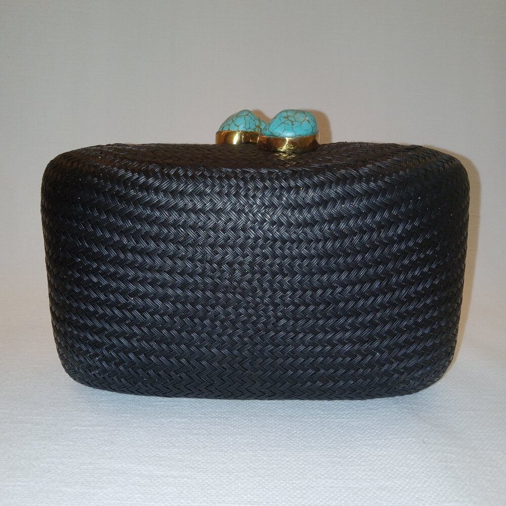 Kayu Jen Straw Clutch/Shoulder Bag With Turquoise Stone Black NWOT
